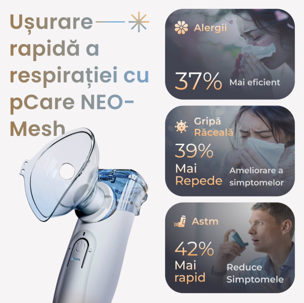 Aparat Aerosoli Portabil Silentios pCare NEO Inhalator Nebulizator Mesh Ultrasonic, Rezervor 8 ml, Terapie Rapida, Auto-Curatare, Baterie 1200 mAh USB-C, Aerosoli Copii & Adulti