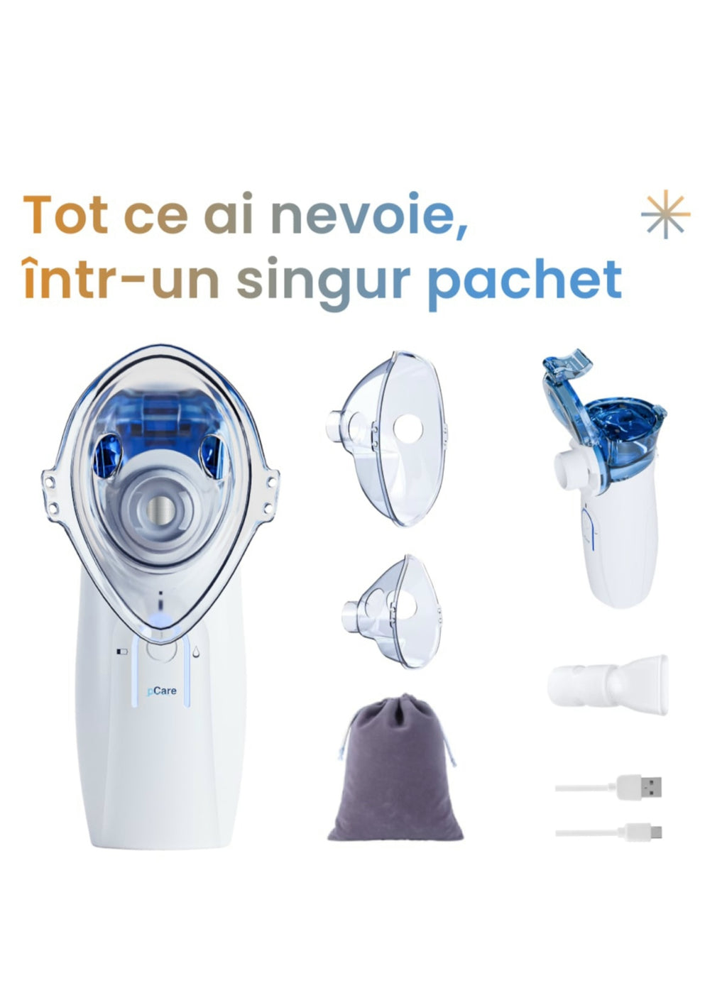 Aparat Aerosoli Portabil Silentios pCare NEO Inhalator Nebulizator Mesh Ultrasonic, Rezervor 8 ml, Terapie Rapida, Auto-Curatare, Baterie 1200 mAh USB-C, Aerosoli Copii & Adulti