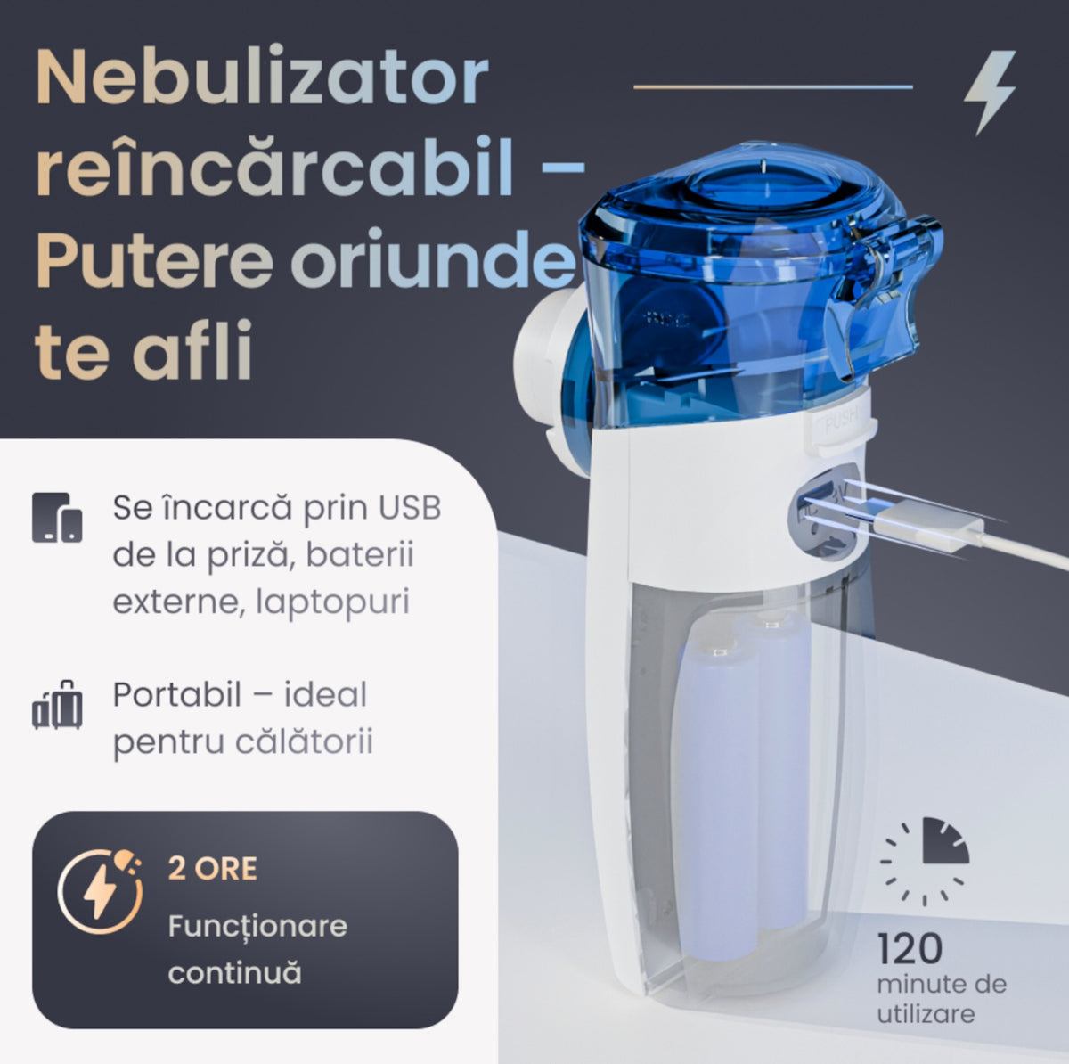 Aparat Aerosoli Portabil Silentios pCare NEO Inhalator Nebulizator Mesh Ultrasonic, Rezervor 8 ml, Terapie Rapida, Auto-Curatare, Baterie 1200 mAh USB-C, Aerosoli Copii & Adulti