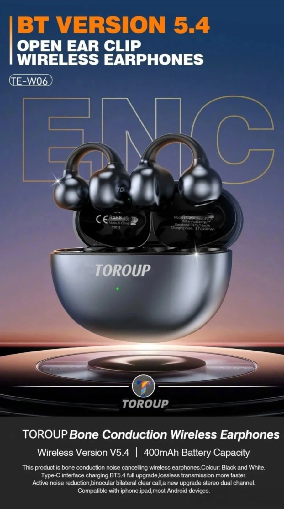 Căşti wireless TE-W06 cu prindere pe ureche, Bluetooth 5.4