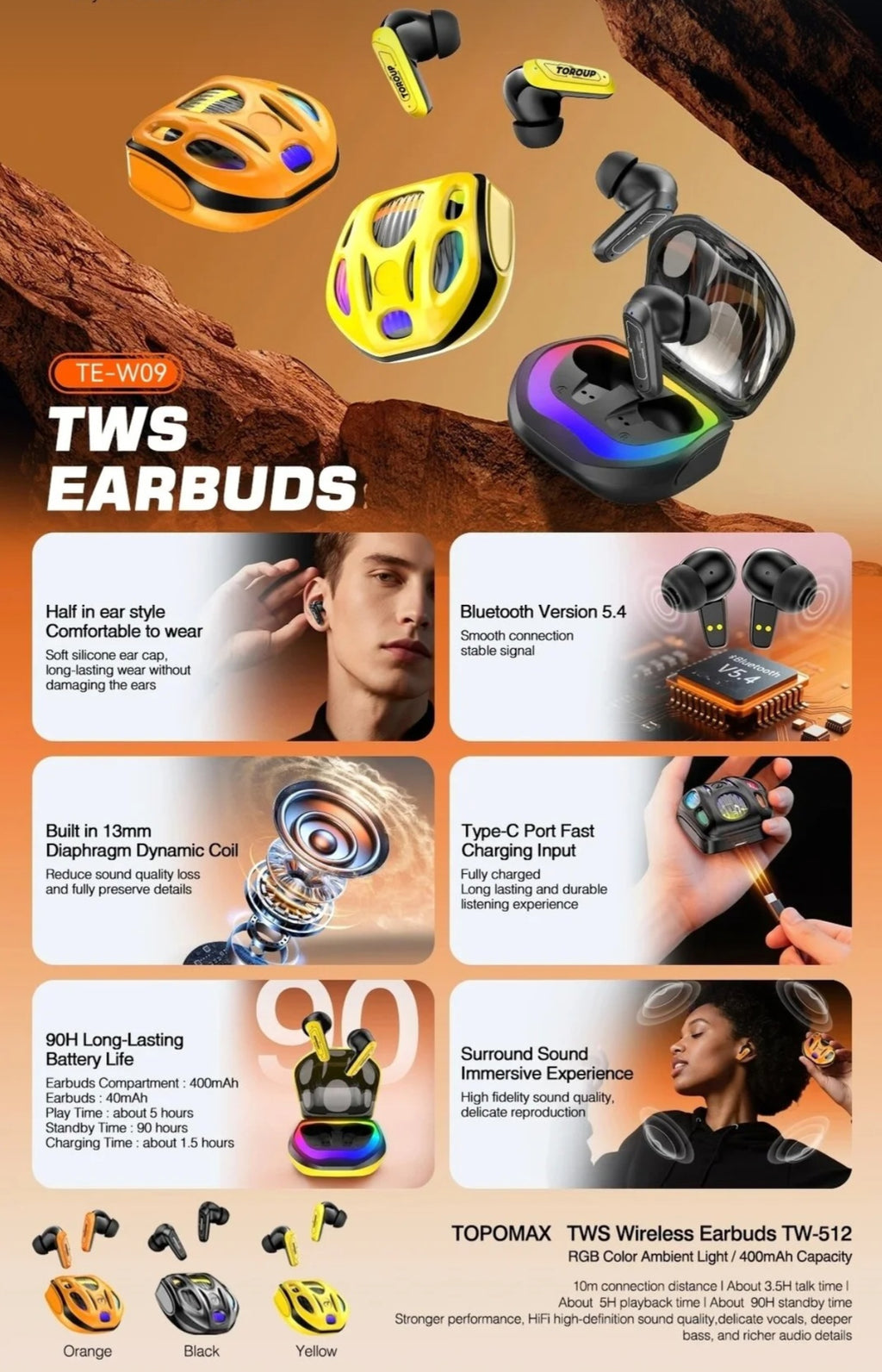 Căşti wireless TE-W09 TWS, Bluetooth 5.3