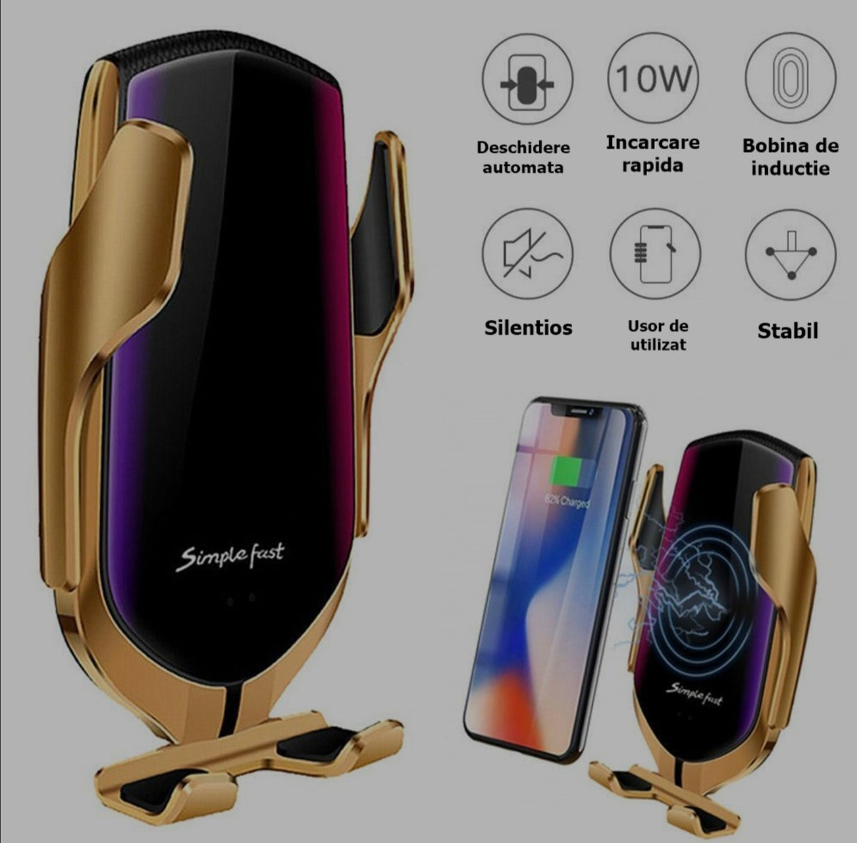 Suport auto cu incarcator wireless Fast Charge, senzor inteligent Smart Sensor