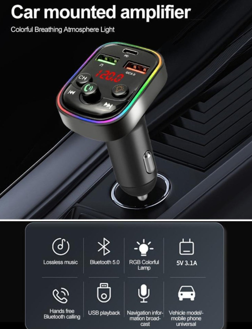 Modulator FM, bluetooth, TF Card, stick USB, Port USB Type C, cu incarcare rapida