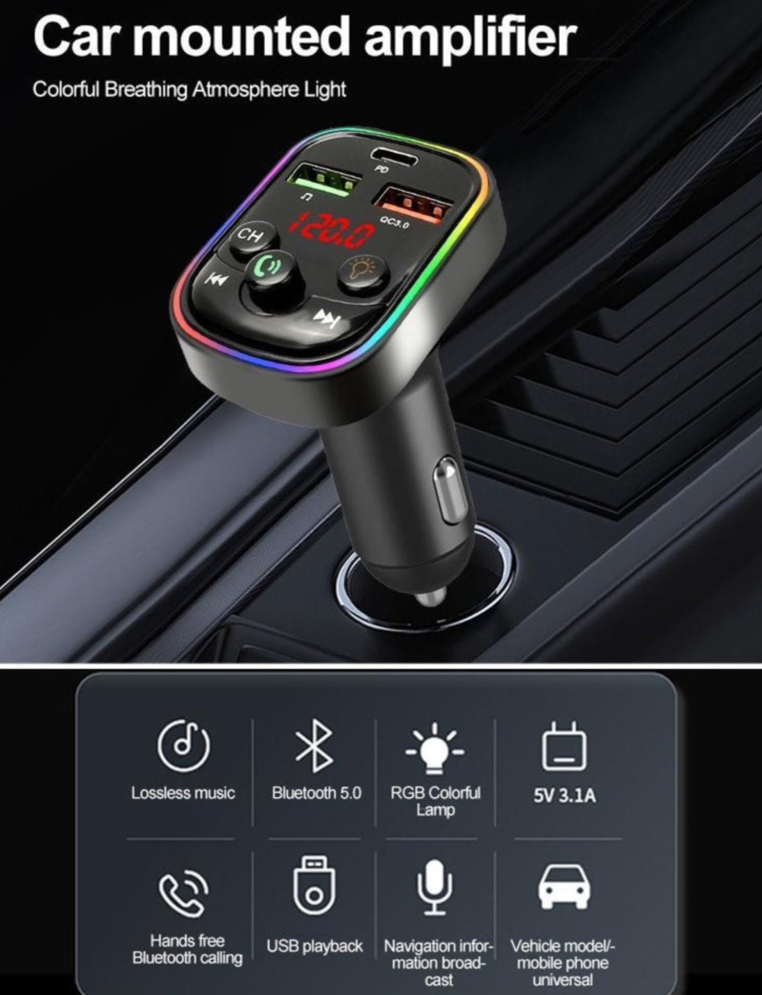 Modulator FM, bluetooth, TF Card, stick USB, Port USB Type C, cu incarcare rapida