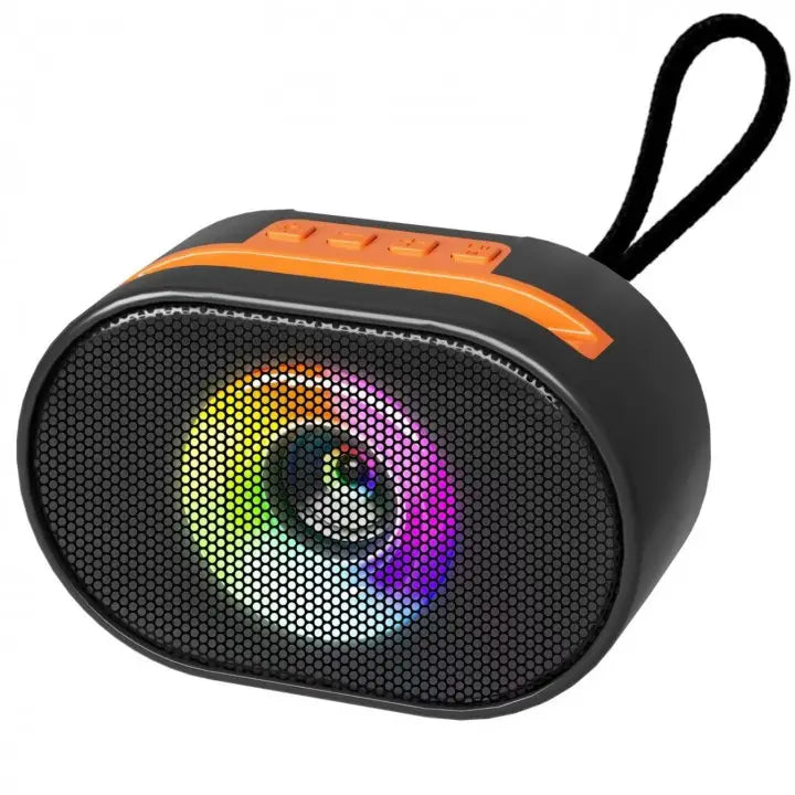 Boxă portabila  cu iluminare colorată și bas puternic; suportă Bluetooth, AUX, USB, card SD și radio FM.