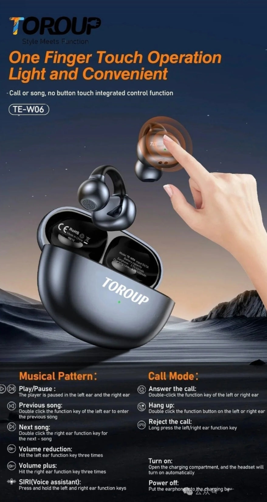 Căşti wireless TE-W06 cu prindere pe ureche, Bluetooth 5.4