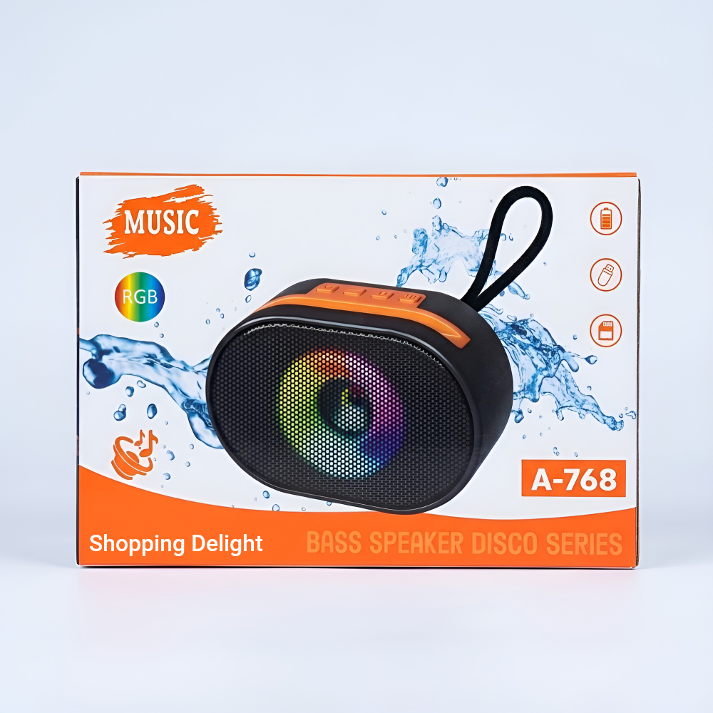 Boxă portabila  cu iluminare colorată și bas puternic; suportă Bluetooth, AUX, USB, card SD și radio FM.