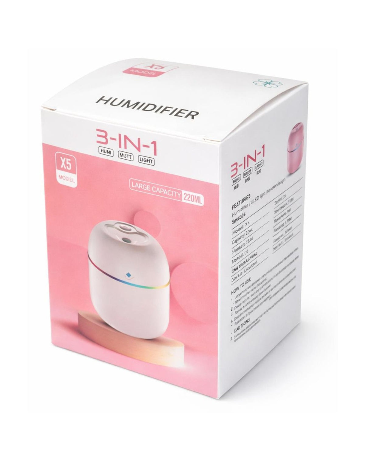 Difuzor aromaterapie 3-in-1 X5 - Silentios, Iluminare LED, Capacitate 220ml, Functie de umidificare, Difuzor uleiuri esentiale, Piese detasabile