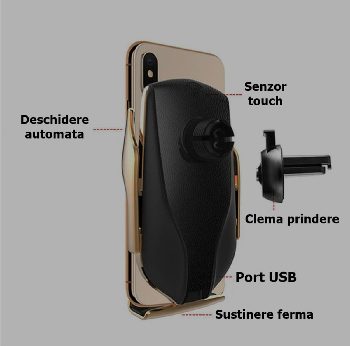 Suport auto cu incarcator wireless Fast Charge, senzor inteligent Smart Sensor